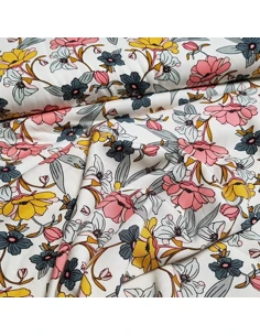 Tissu, Viscose Stretch Fleuri, Écru, Laize 140 cm, 97% Viscose 3% Spandex 252g/m² 2