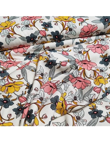 Tissu, Viscose Stretch Fleuri, Écru, Laize 140 cm, 97% Viscose 3% Spandex 252g/m²