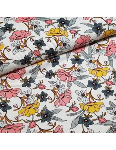 Tissu, Viscose Stretch Fleuri, Écru, Laize 140 cm, 97% Viscose 3% Spandex 252g/m²