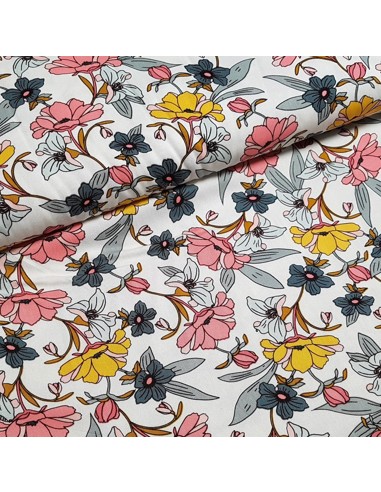 Tissu, Viscose Stretch Fleuri, Écru, Laize 140 cm, 97% Viscose 3% Spandex 252g/m²