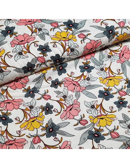 Tissu, Viscose Stretch Fleuri, Écru, Laize 140 cm, 97% Viscose 3% Spandex 252g/m²