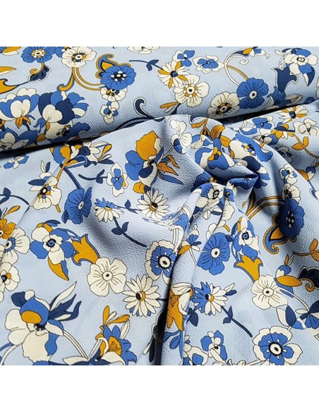 Tissu, Crêpe Fleuri, Bleu, Laize 148 cm, Polyester Spandex