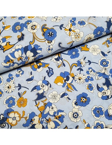 Tissu, Crêpe Fleuri, Bleu, Laize 148 cm, Polyester Spandex