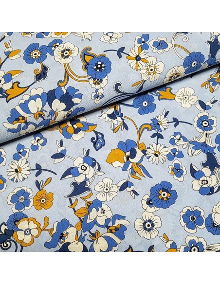 Tissu, Crêpe Fleuri, Bleu, Laize 148 cm, Polyester Spandex