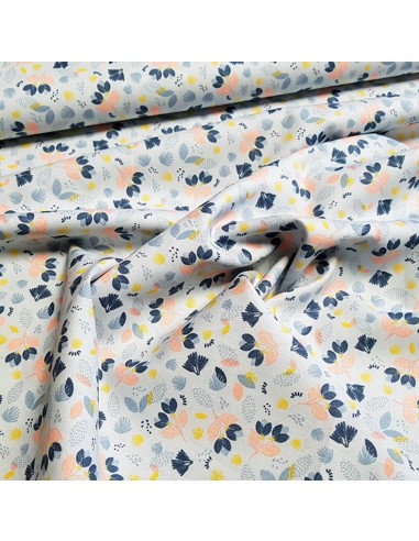 Tissu, Popeline de Coton Fleurie, Bleu Ciel, Laize 150 cm, 100% Coton 195g/m²