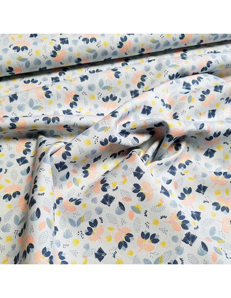 Tissu, Popeline de Coton Fleurie, Bleu Ciel, Laize 150 cm, 100% Coton 195g/m²