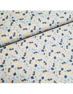 Tissu, Popeline de Coton Fleurie, Bleu Ciel, Laize 150 cm, 100% Coton 195g/m²