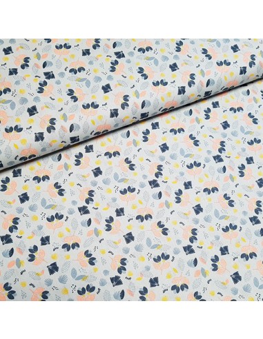 Tissu, Popeline de Coton Fleurie, Bleu Ciel, Laize 150 cm, 100% Coton 195g/m²