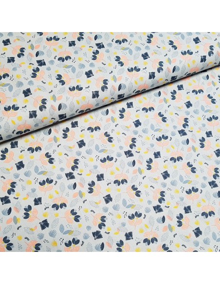 Tissu, Popeline de Coton Fleurie, Bleu Ciel, Laize 150 cm, 100% Coton 195g/m²