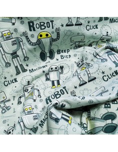 Tissu, French Terry Imprimé Robots, Vert Olive, Laize 155 cm, Coton Stretch Oeko-Tex 2
