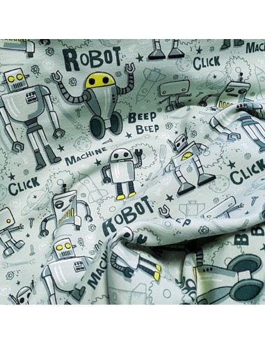 Tissu, French Terry Imprimé Robots, Vert Olive, Laize 155 cm, Coton Stretch Oeko-Tex