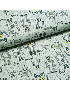 Tissu, French Terry Imprimé Robots, Vert Olive, Laize 155 cm, Coton Stretch Oeko-Tex