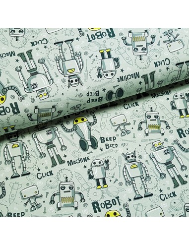 Tissu, French Terry Imprimé Robots, Vert Olive, Laize 155 cm, Coton Stretch Oeko-Tex