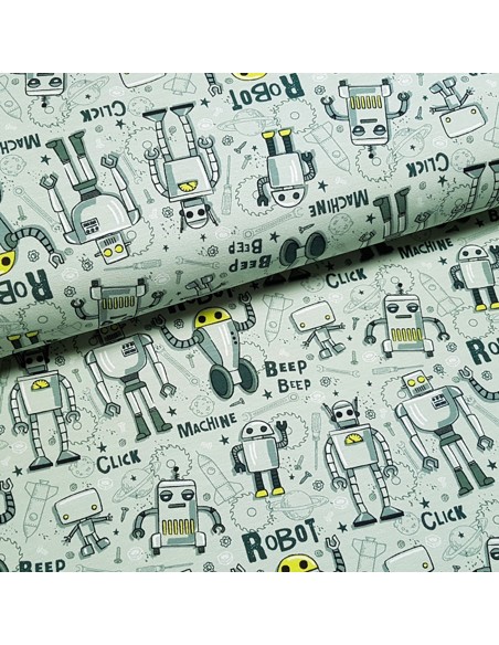Tissu, French Terry Imprimé Robots, Vert Olive, Laize 155 cm, Coton Stretch Oeko-Tex