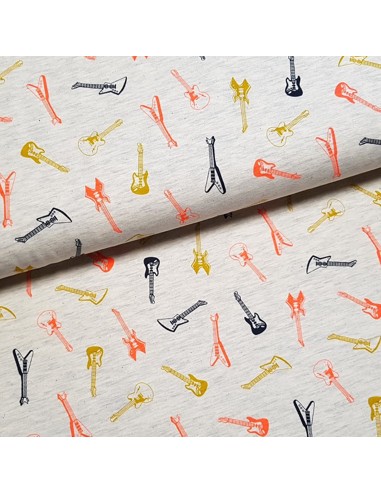 Tissu, Jersey, Guitares, Gris Chiné, Laize 150 cm, Coton Polyester Spandex Oeko-Tex