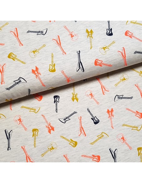 Tissu, Jersey, Guitares, Gris Chiné, Laize 150 cm, Coton Polyester Spandex Oeko-Tex