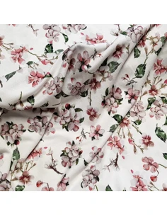 Tissu, Jersey Fleuri, Fond Blanc, Laize 140 cm, Viscose Stretch Oeko-Tex 2