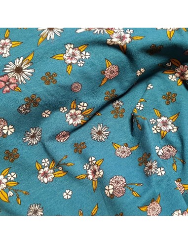 Tissu, Jersey de Viscose Fleuri, Vert Canard, Laize 155 cm, Viscose Stretch Oeko-Tex