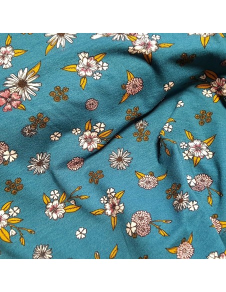 Tissu, Jersey de Viscose Fleuri, Vert Canard, Laize 155 cm, Viscose Stretch Oeko-Tex