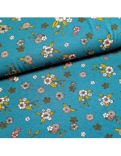 Tissu, Jersey de Viscose Fleuri, Vert Canard, Laize 155 cm, Viscose Stretch Oeko-Tex