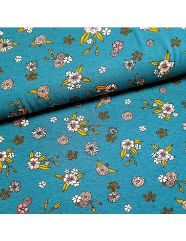 Tissu, Jersey de Viscose Fleuri, Vert Canard, Laize 155 cm, Viscose Stretch Oeko-Tex