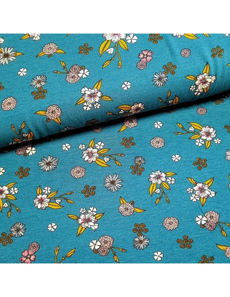 Tissu, Jersey de Viscose Fleuri, Vert Canard, Laize 155 cm, Viscose Stretch Oeko-Tex