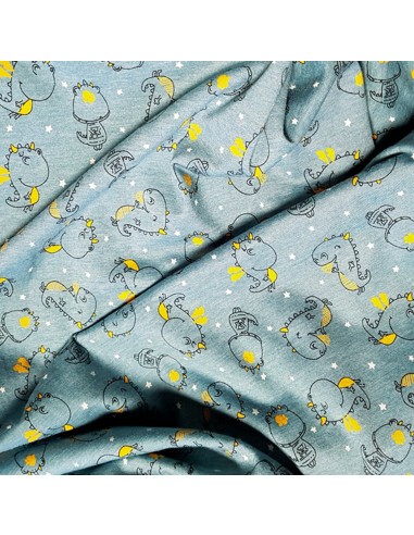 Tissu, Jersey de Coton Imprimé Dinosaures, Bleu Gris Chiné, Laize 145 cm, Coton Stretch Oeko-Tex