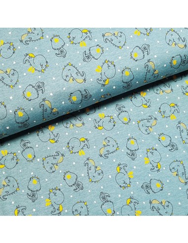 Tissu, Jersey de Coton Imprimé Dinosaures, Bleu Gris Chiné, Laize 145 cm, Coton Stretch Oeko-Tex
