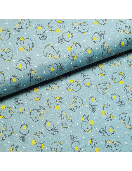 Tissu, Jersey de Coton Imprimé Dinosaures, Bleu Gris Chiné, Laize 145 cm, Coton Stretch Oeko-Tex
