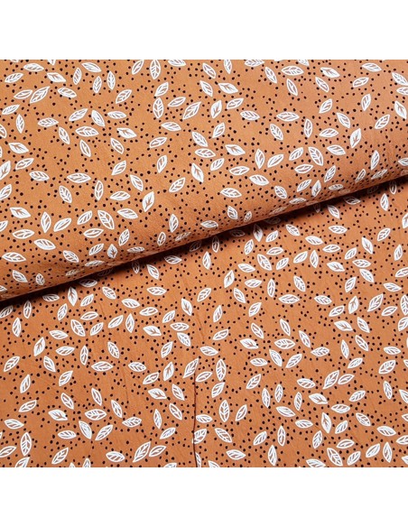 Tissu, Coton Lavé Petites Feuilles, Terracota, Laize 135 cm, 100% Coton 202.5g/m²
