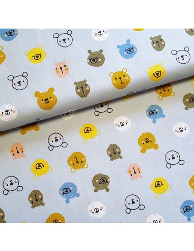 Tissu, Popeline de Coton Oursons, Bleu Ciel, Laize 150 cm, 100% Coton 130g/m²