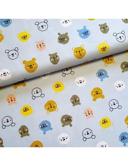 Tissu, Popeline de Coton Oursons, Bleu Ciel, Laize 150 cm, 100% Coton 130g/m²