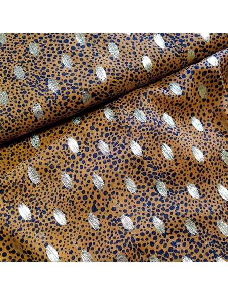Tissu, Mousseline, Marron Léopard & Pois Dorés, Laize 150 cm, 100% Polyester