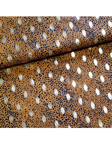 Tissu, Mousseline, Marron Léopard & Pois Dorés, Laize 150 cm, 100% Polyester