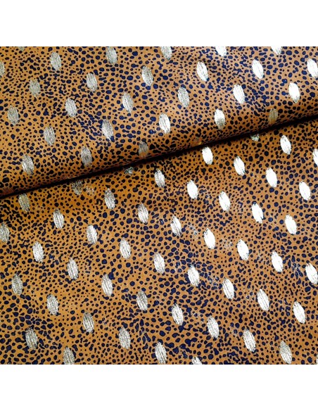 Tissu, Mousseline, Marron Léopard & Pois Dorés, Laize 150 cm, 100% Polyester