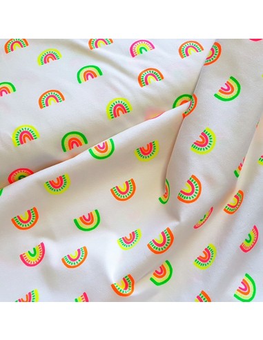 Tissu, Jersey de Coton Imprimé Arcs-en-ciel Fluo, Blanc Lumineux, Laize 150 cm, Coton Stretch Oeko-Tex
