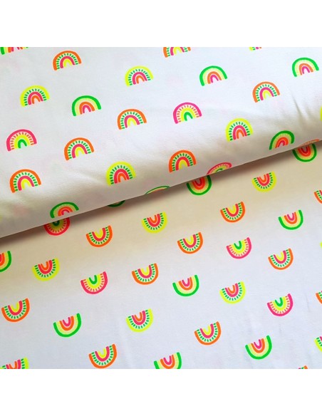 Tissu, Jersey de Coton Imprimé Arcs-en-ciel Fluo, Blanc Lumineux, Laize 150 cm, Coton Stretch Oeko-Tex