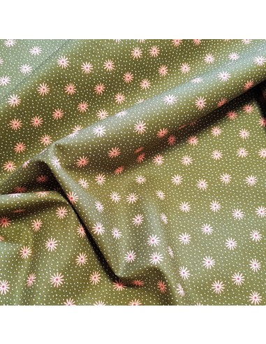 Tissu, Popeline de Coton Fleurie, Vert Kaki, Laize 150 cm, 100% Coton 195g/m²