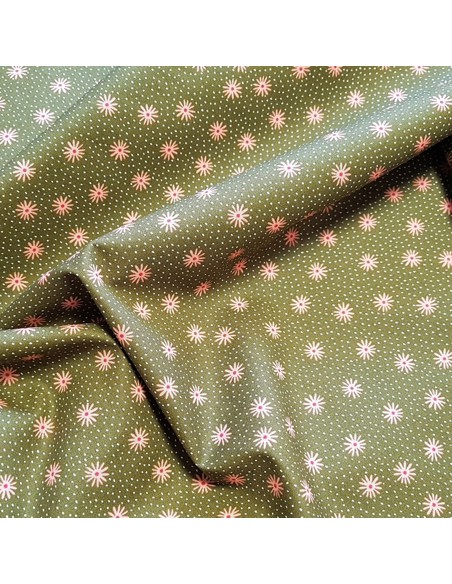 Tissu, Popeline de Coton Fleurie, Vert Kaki, Laize 150 cm, 100% Coton 195g/m²