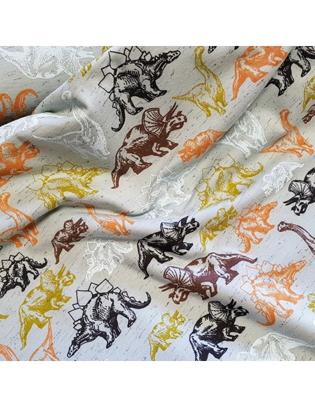 Tissu, Jersey de Coton Imprimé Dinosaures, Kaki Clair Aventures, Laize 145 cm, Coton Stretch Oeko-Tex