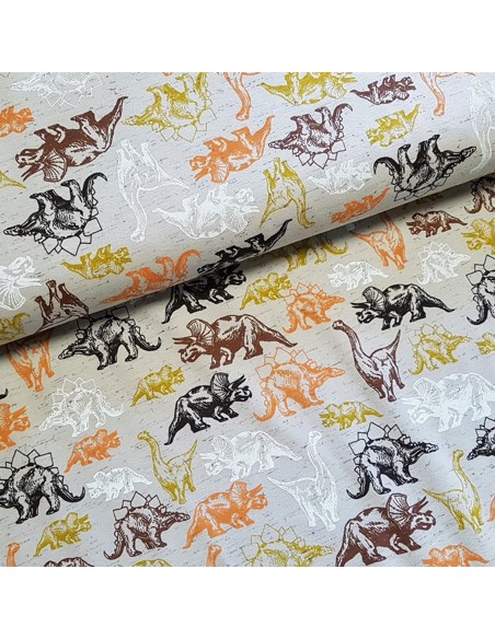 Tissu, Jersey de Coton Imprimé Dinosaures, Kaki Clair Aventures, Laize 145 cm, Coton Stretch Oeko-Tex