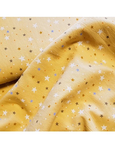 Tissu, Coton Lavé Étoiles, Jaune Moutarde, Laize 135 cm, 100% Coton 200g/m²