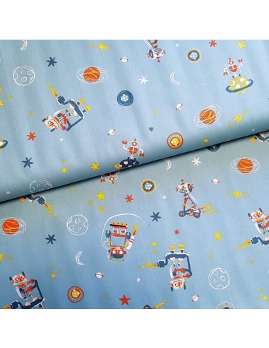 Tissu, Popeline de Coton Robots, Vert d'Eau, Laize 150 cm, 100% Coton 130g/m²