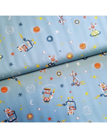 Tissu, Popeline de Coton Robots, Vert d'Eau, Laize 150 cm, 100% Coton 130g/m²