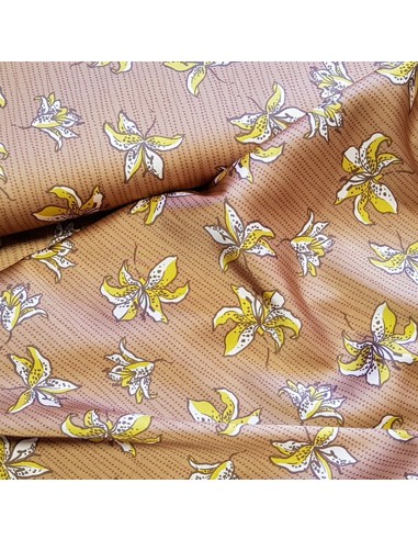 Tissu, Microfibre Stretch Fleurie, Fond Cuivre, Laize 150 cm, 97% Polyester 3% Spandex