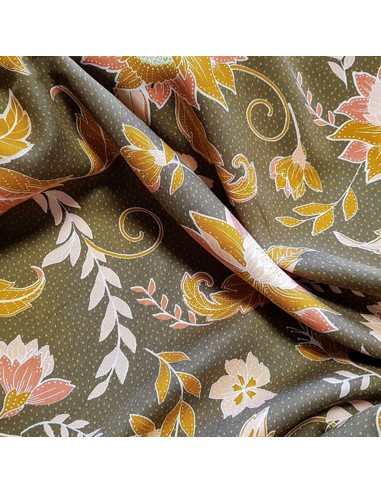 Tissu, Viscose Fleurie, Vert Kaki, Laize 140 cm, 100% Viscose 154g/m²
