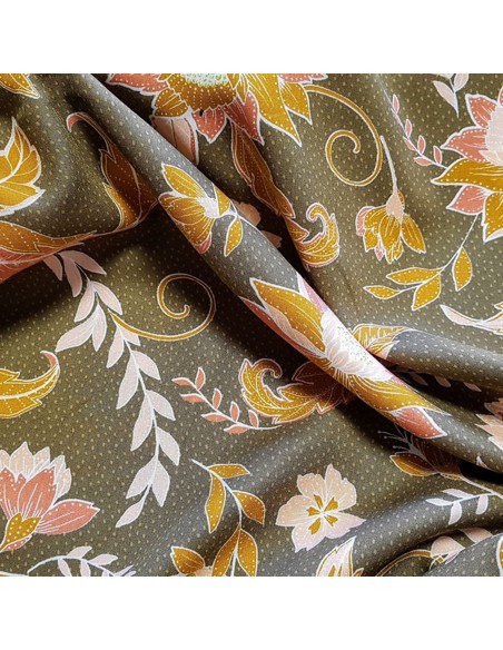 Tissu, Viscose Fleurie, Vert Kaki, Laize 140 cm, 100% Viscose 154g/m²