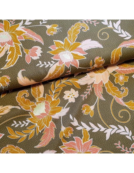 Tissu, Viscose Fleurie, Vert Kaki, Laize 140 cm, 100% Viscose 154g/m²