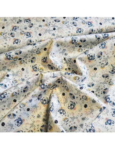 Tissu, Popeline de Coton Fleurie Digitale, Bleu, Jaune et Blanc, Laize 150 cm, 100% Coton 75g/m²