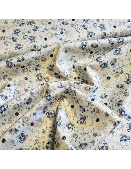 Tissu, Popeline de Coton Fleurie Digitale, Bleu, Jaune et Blanc, Laize 150 cm, 100% Coton 75g/m²